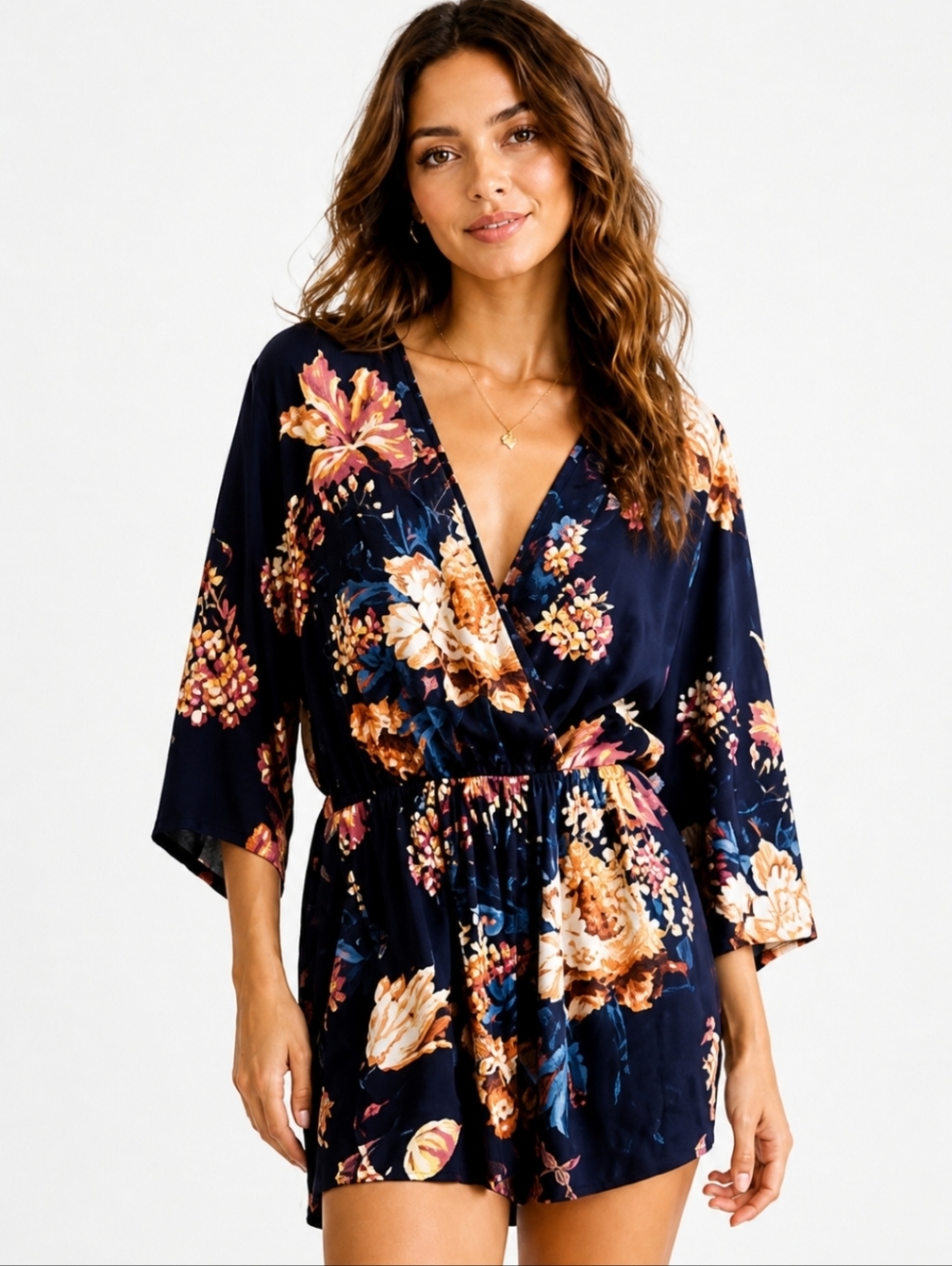 Aakaa | Boho Navy Floral Romper V-Neck Flowy Sleeves